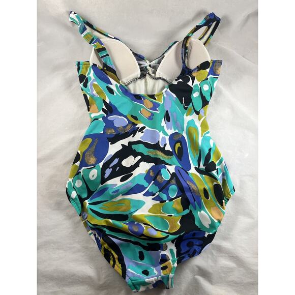 Abstract Multicolor Print One Piece Swimsuit Ruched Sides Twisted Bodice Size 14 - Picture 7 of 10